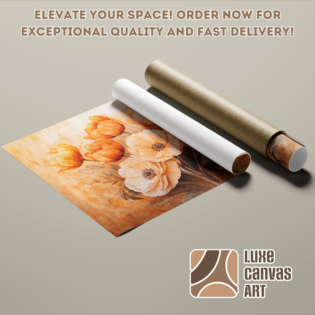 Floral Poster Roll in warm orange and brown tones. Elevate your space with this beautiful art print!