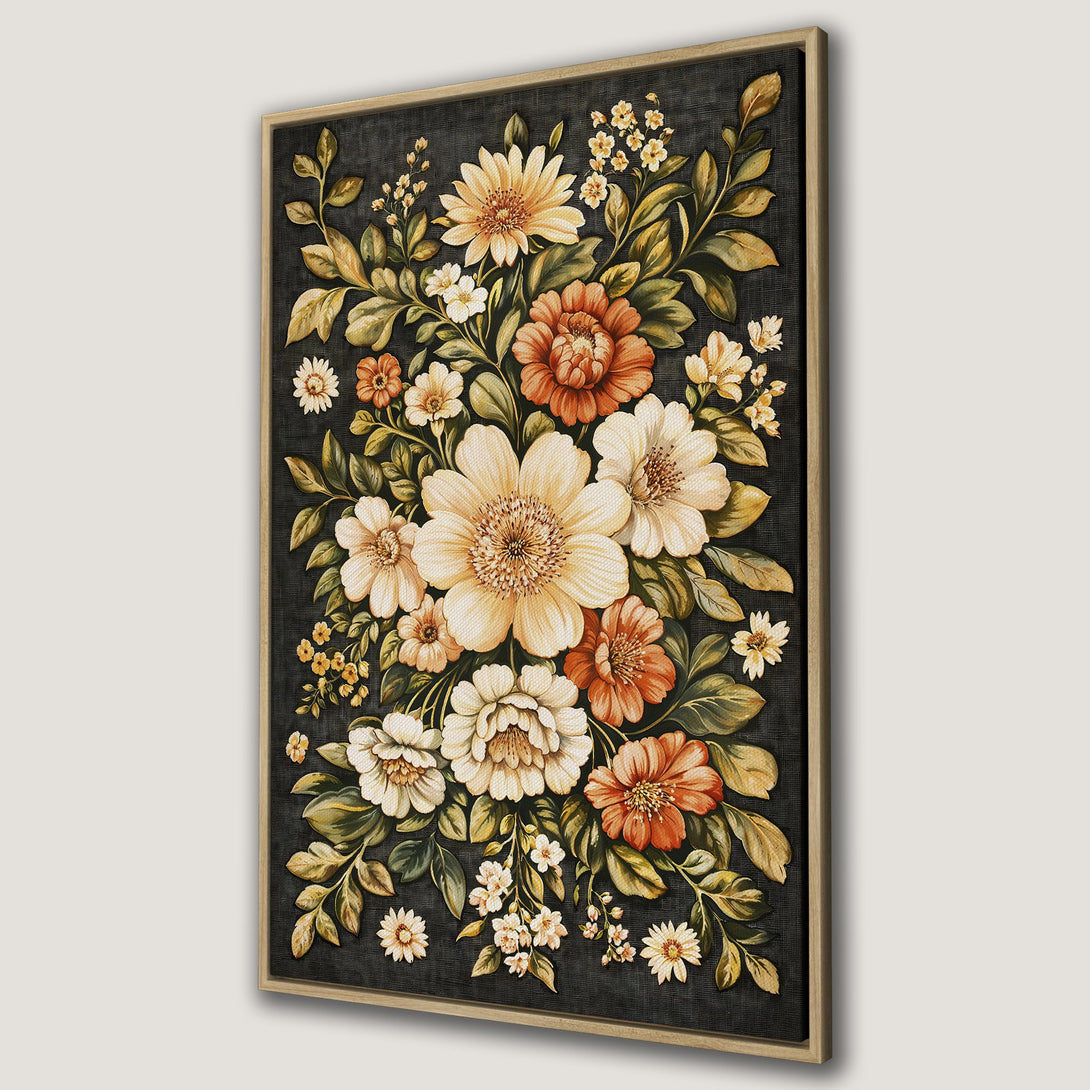 Framed Wall Art featuring a vintage floral bouquet in warm tones. Perfect for adding a touch of elegance to any space. Shop our Canvas Print collection today!