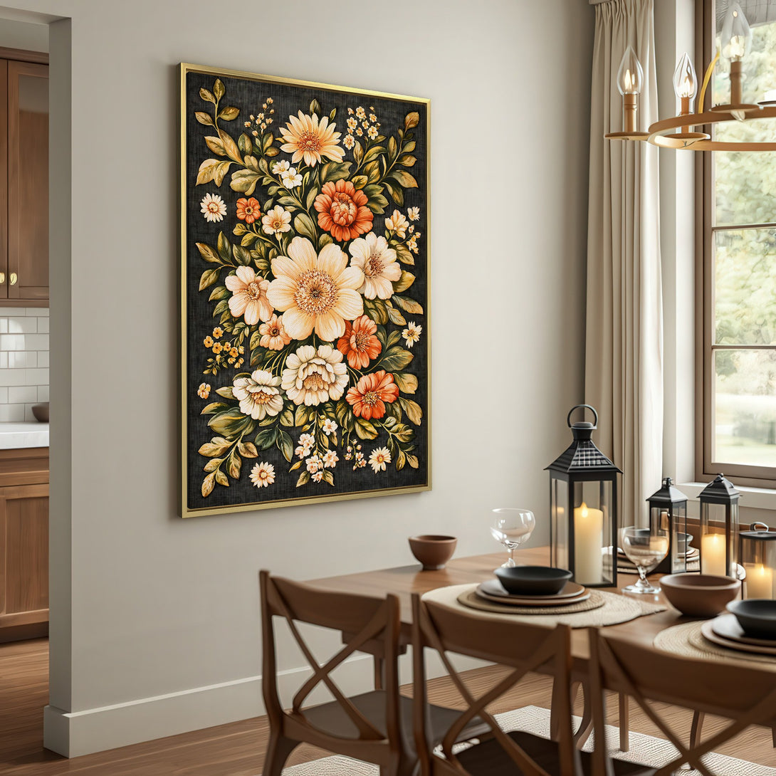 Canvas Print featuring a floral bouquet in warm tones. Rustic style wall art with a black background, perfect for home decor.