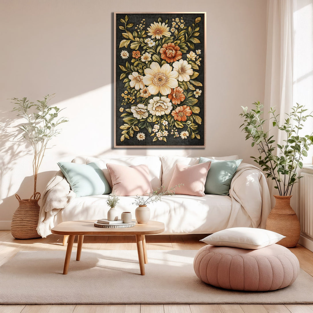 Framed Wall Art: Floral Canvas Print in warm tones. Featuring a beautiful botanical design with cream, orange, and green hues, perfect for home decor.
