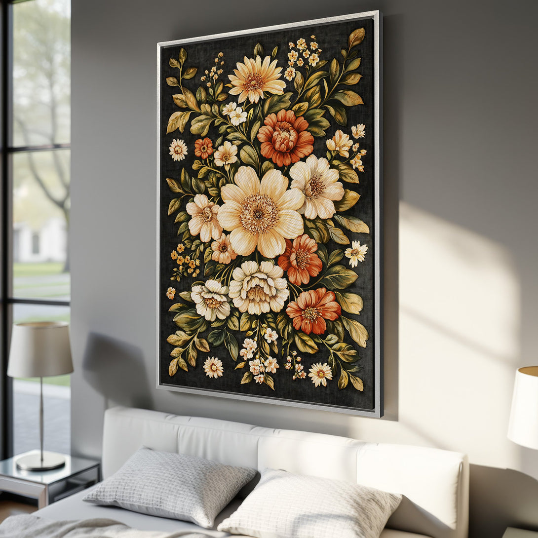 Framed Wall Art featuring a vintage floral bouquet in warm tones. Elegant botanical print with a black background, perfect for adding a touch of nature to any room.