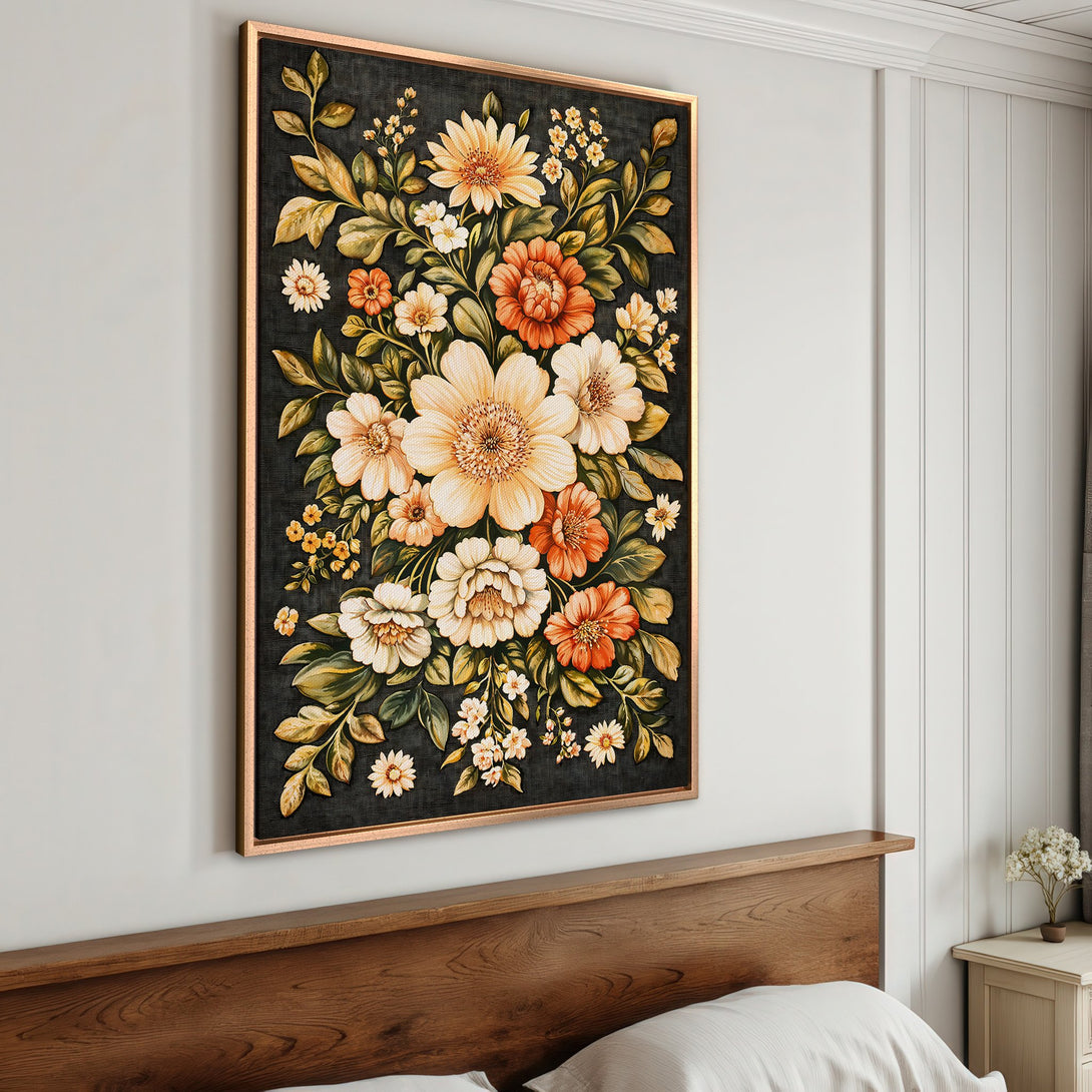 Framed Wall Art featuring a floral design with warm orange, cream, and green tones. Perfect for adding a touch of elegance to any bedroom or living space.