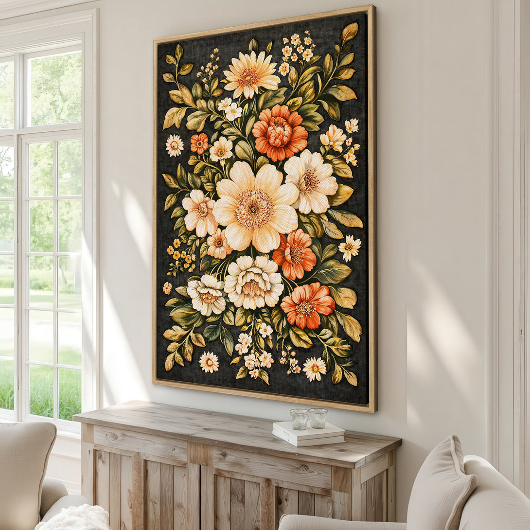Framed Wall Art: Floral canvas print with warm orange, cream, and green blooms on a dark background. Perfect for adding a touch of elegance to your home decor.