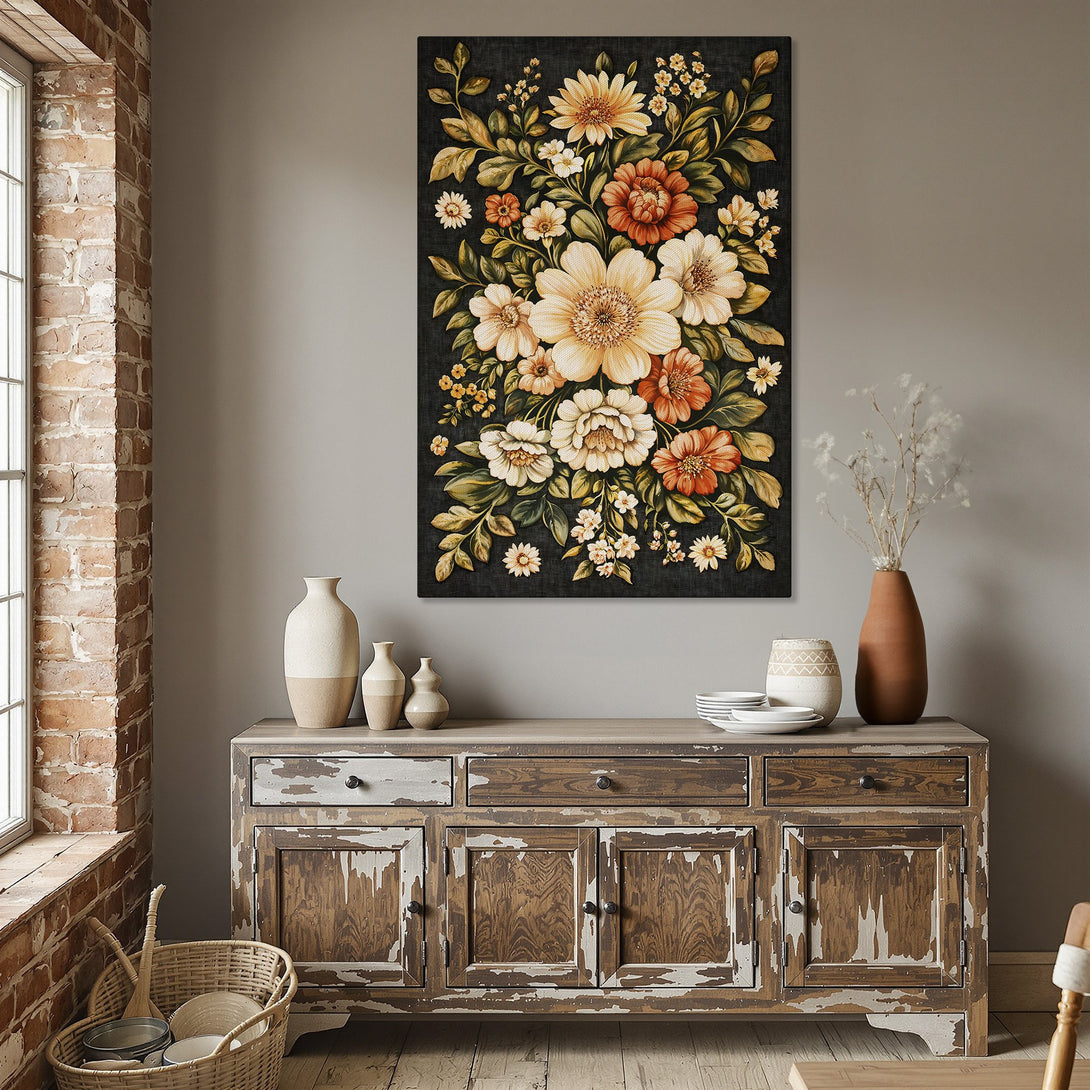 Framed Wall Art: Floral Canvas Print in a dining room. Features a vintage-style flower bouquet with warm orange, cream, and green hues on a dark background.