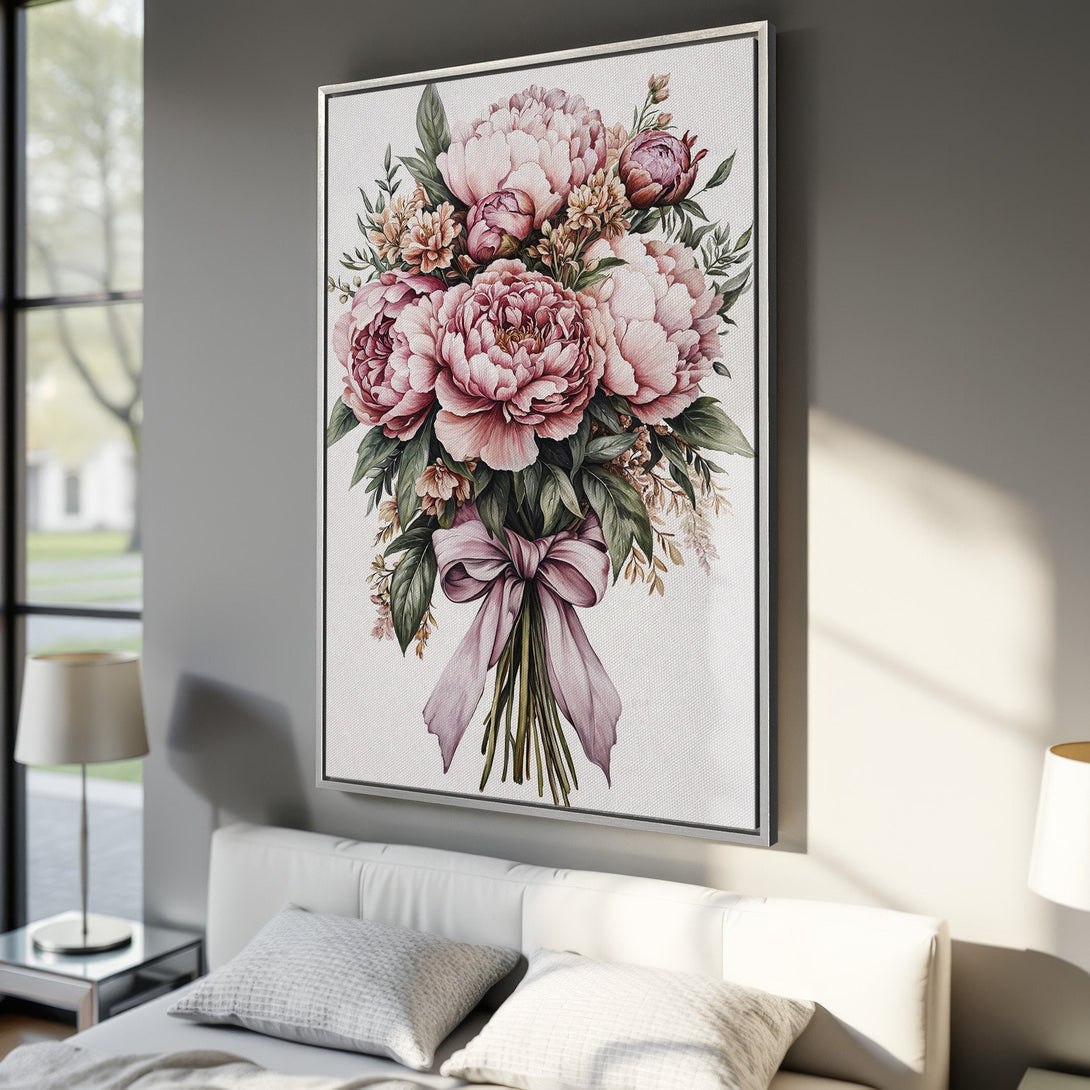 Framed Wall Art featuring a watercolor-style bouquet of peonies in blush pink and green hues, perfect for bedroom decor.