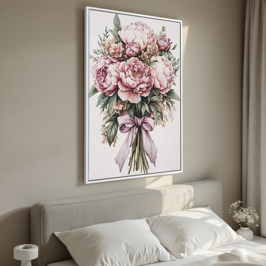 Framed Wall Art: Watercolor peony bouquet in pink and green tones. Elegant floral canvas print for bedroom decor.