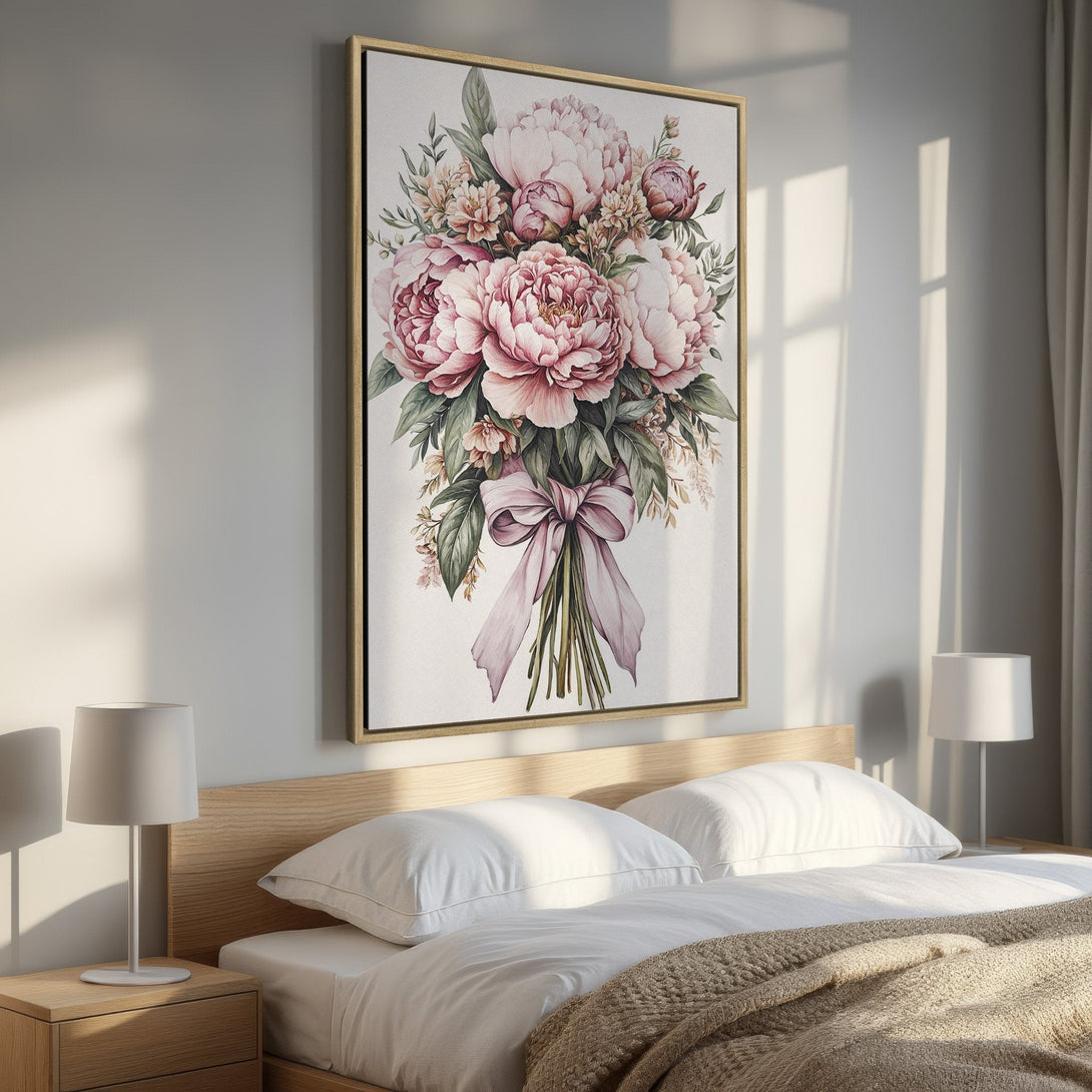 Framed Wall Art featuring a watercolor bouquet of pink peonies. Elegant floral art in a bedroom setting, perfect for adding a touch of sophistication.
