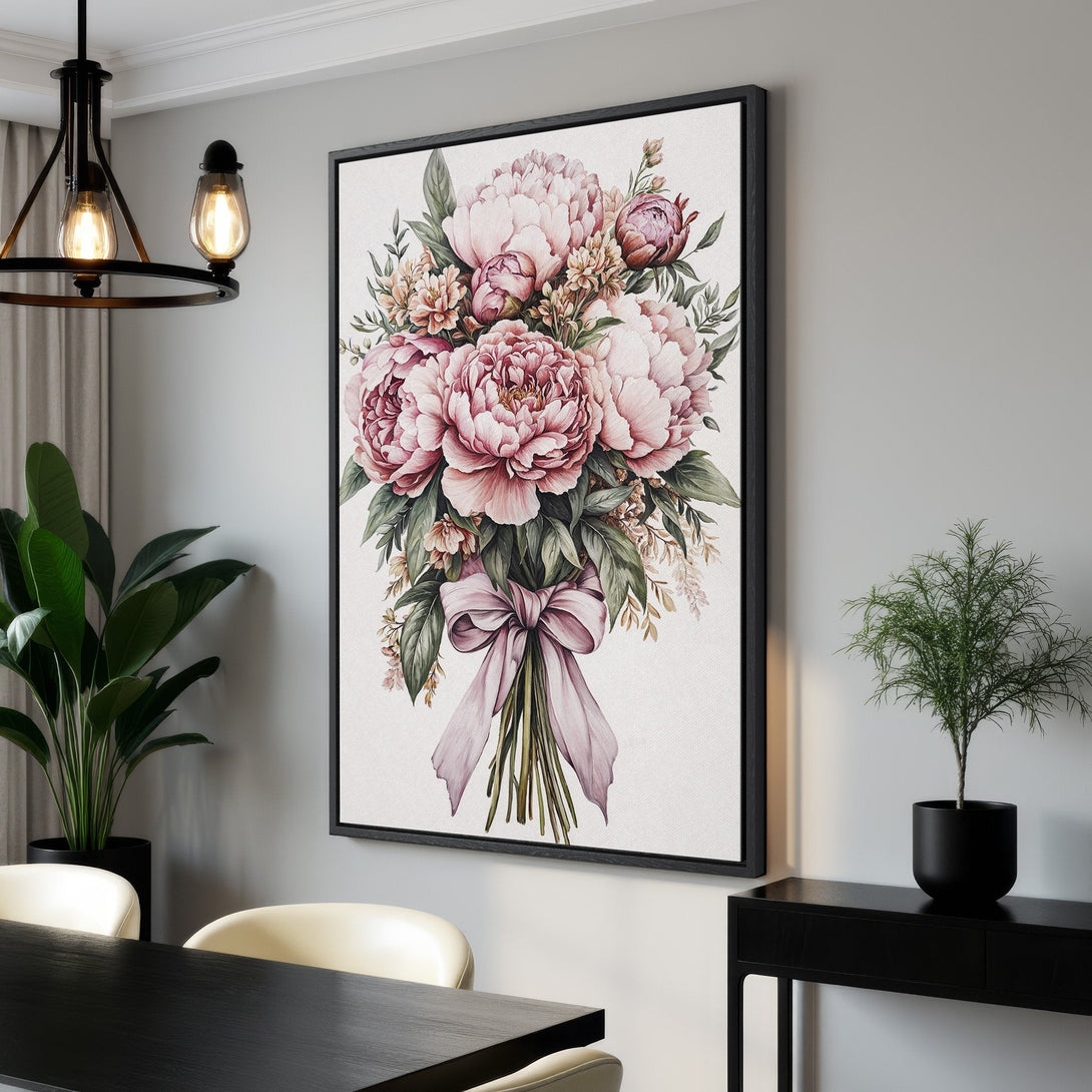 Framed Wall Art featuring a watercolor peony bouquet. Soft pink and green floral art adds elegance to any space. Perfect for living rooms and bedrooms.