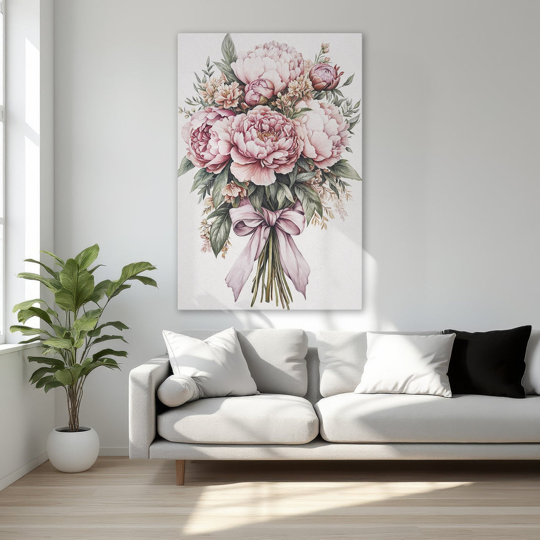 Framed Wall Art featuring a beautiful watercolor bouquet of pink peonies, perfect for adding elegance to any room. Soft, romantic color palette.