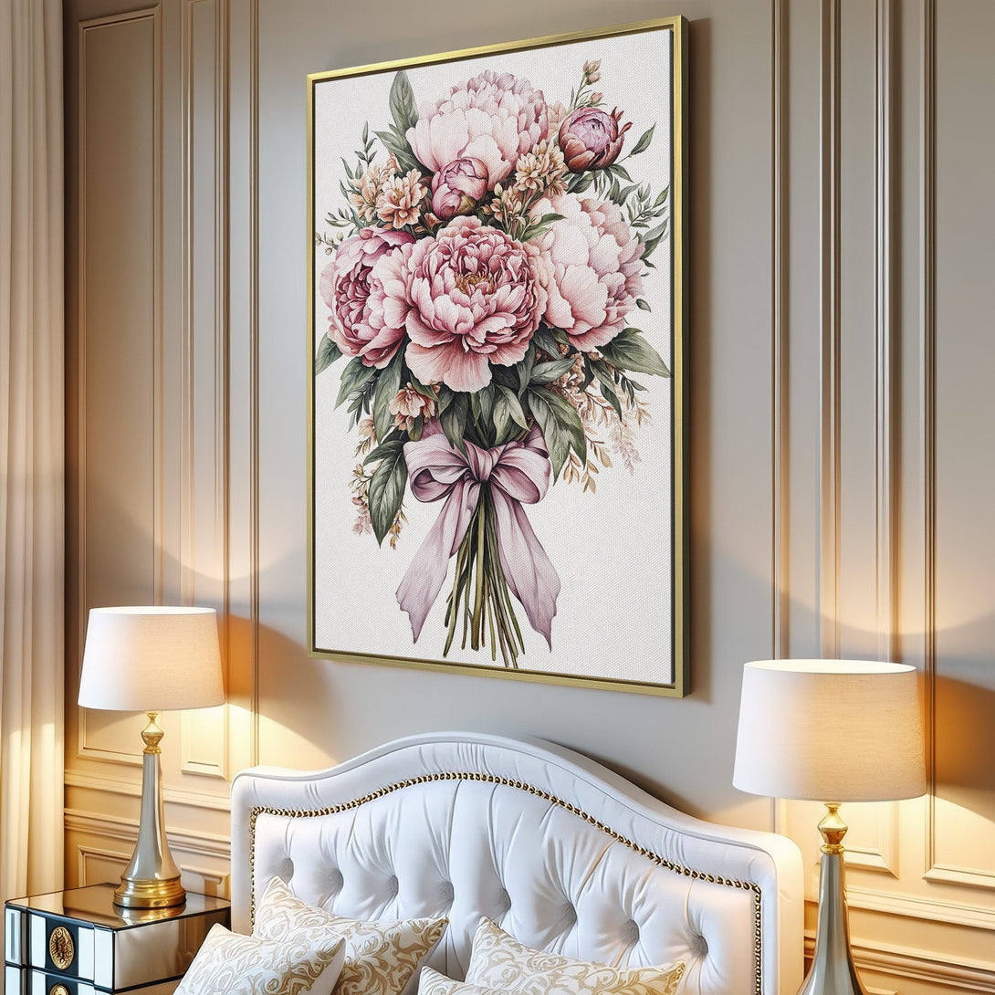 Canvas Print of a watercolor-style peony bouquet in pink and green hues, perfect for adding a touch of floral elegance to your home.
