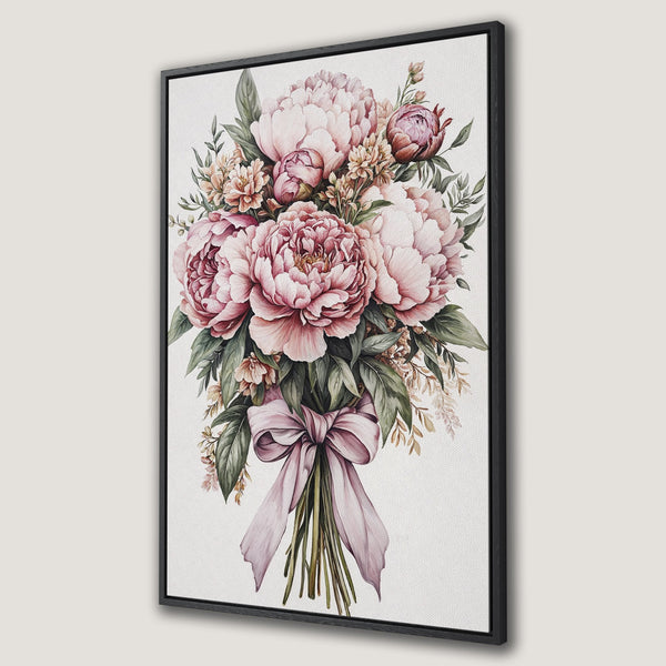Framed Wall Art featuring a watercolor bouquet of pink peonies. Elegant floral art with a soft, romantic color palette. Perfect for adding a touch of beauty.