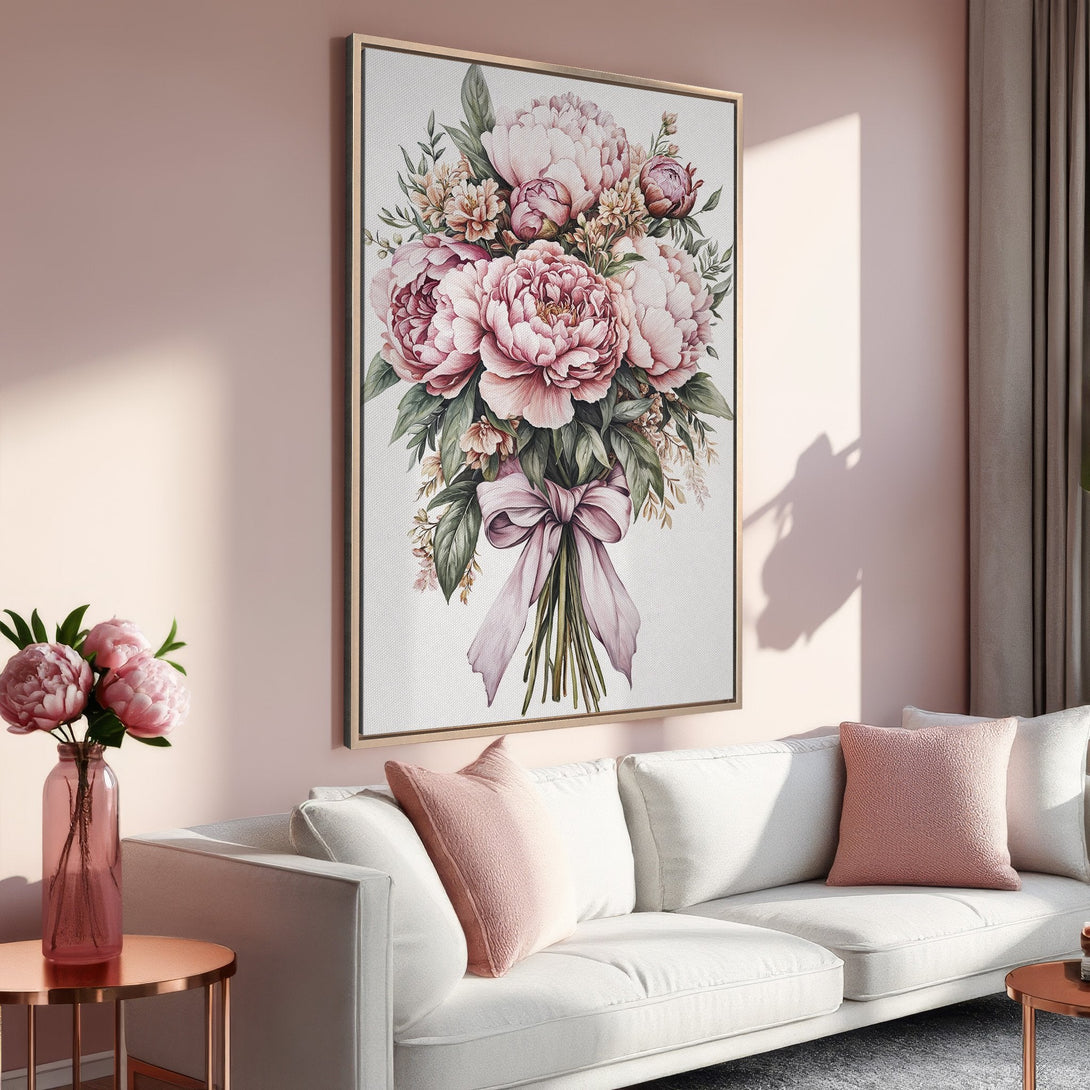 Framed Wall Art: Watercolor peony bouquet in blush pinks and greens. Elegant floral wall art for a feminine, modern interior.