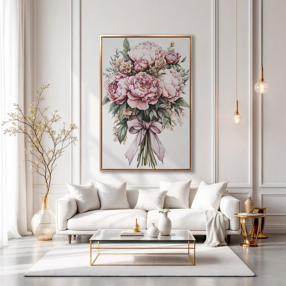 Framed Wall Art: Elegant floral bouquet canvas print in blush pink and green, perfect for modern home decor. Adds a touch of sophistication.