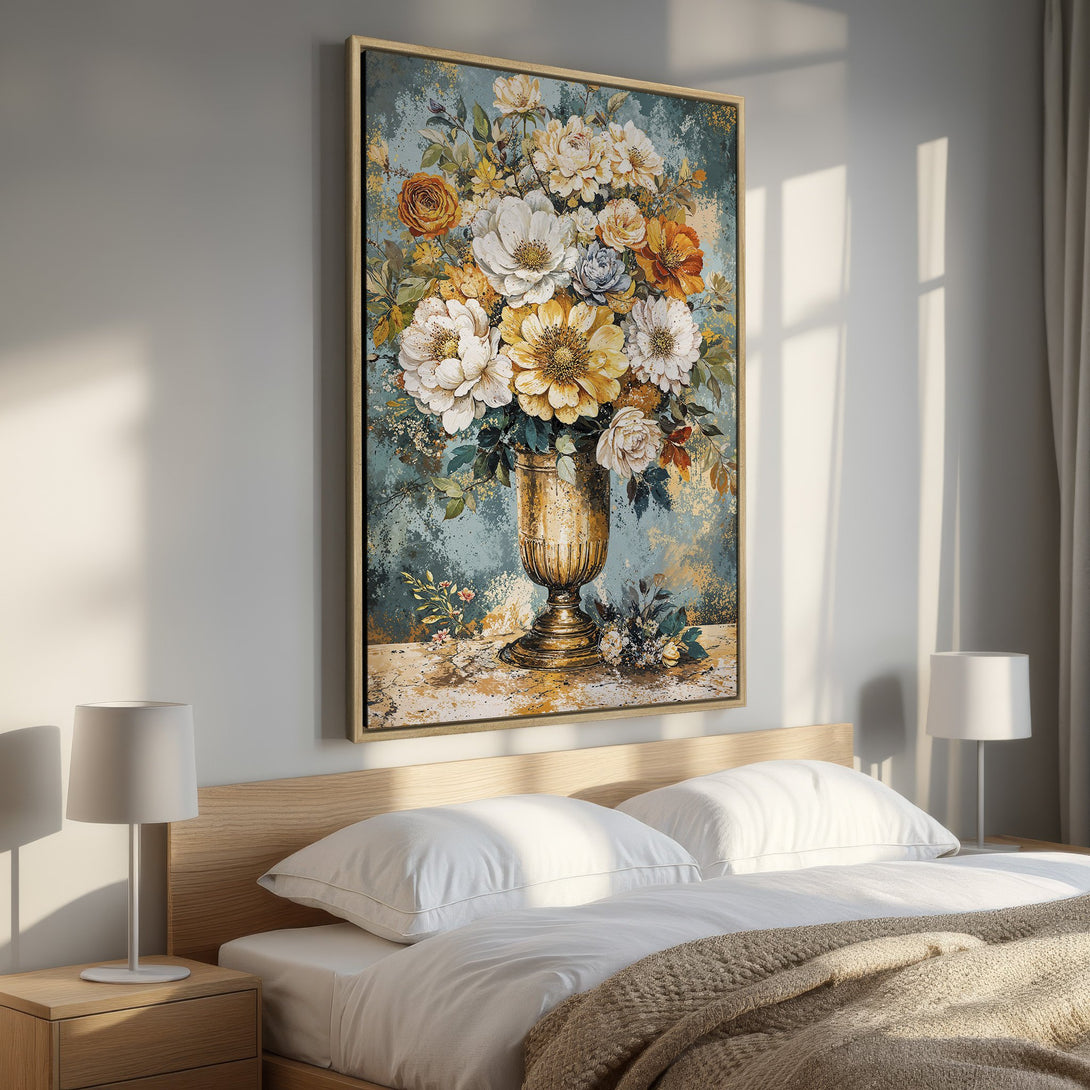 Framed Wall Art: Floral still life canvas print in warm tones. Perfect bedroom decor featuring a beautiful bouquet in gold and white.