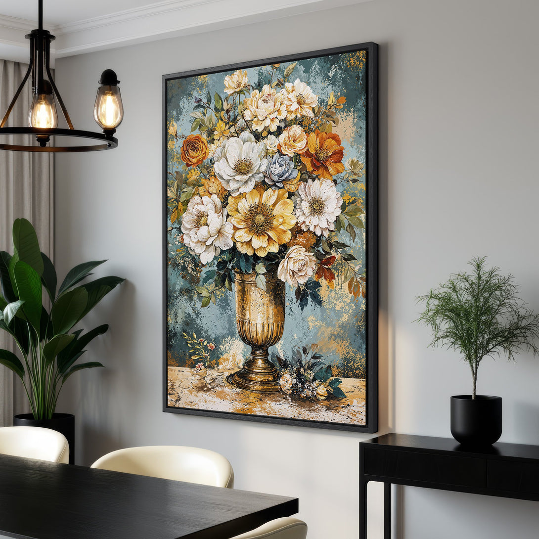 Framed Wall Art featuring a floral still life in a vase. Beautiful canvas print with a vintage, painterly style in a warm, inviting color palette.