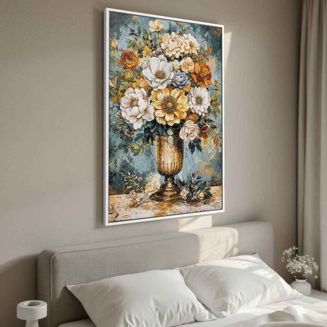 Framed Wall Art: Elegant floral Canvas Print with a vintage style, featuring a vibrant bouquet in a warm, inviting color palette. Perfect for bedroom decor.