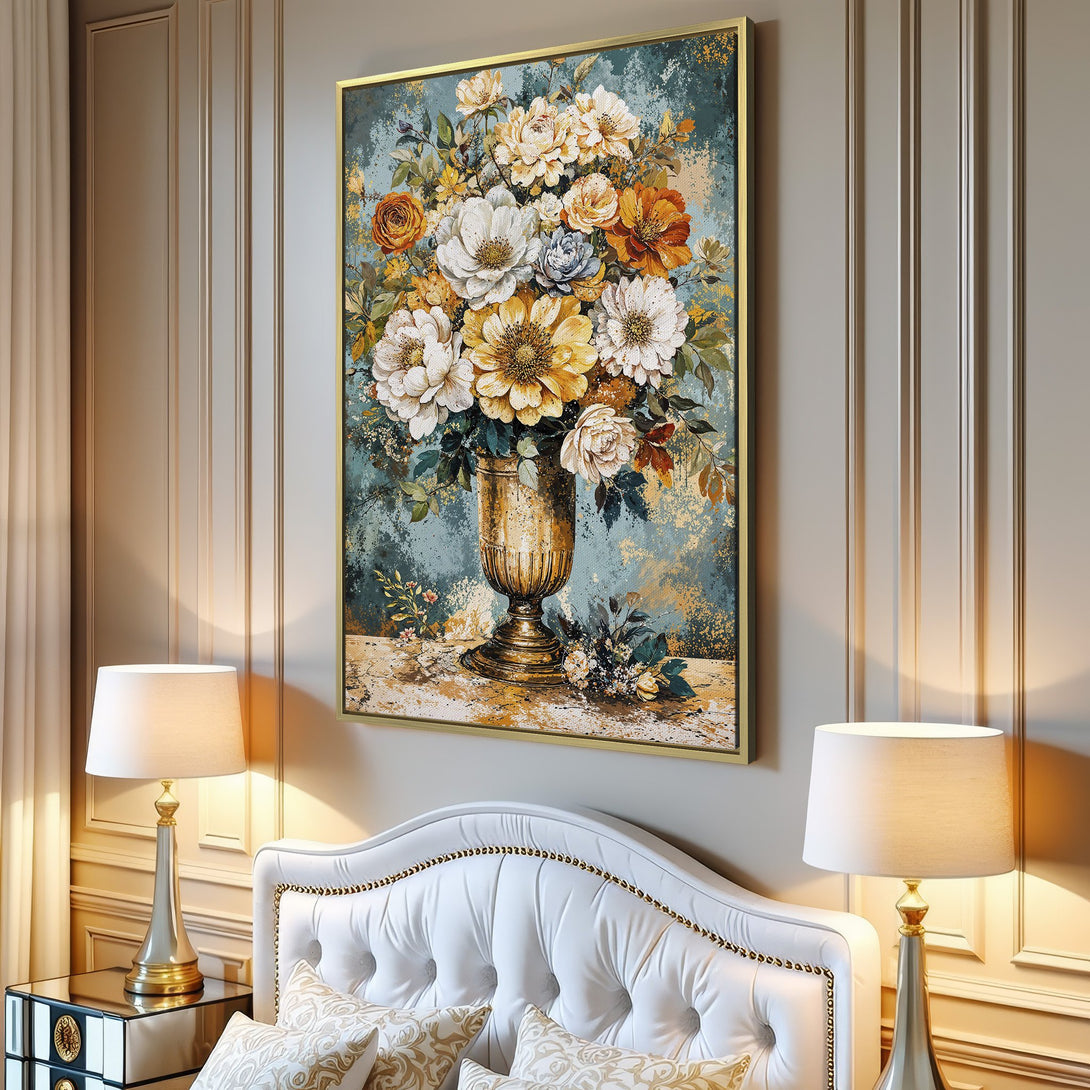 Canvas Print of a floral still life in a vintage style with a warm, inviting color palette. Perfect wall art for living rooms!