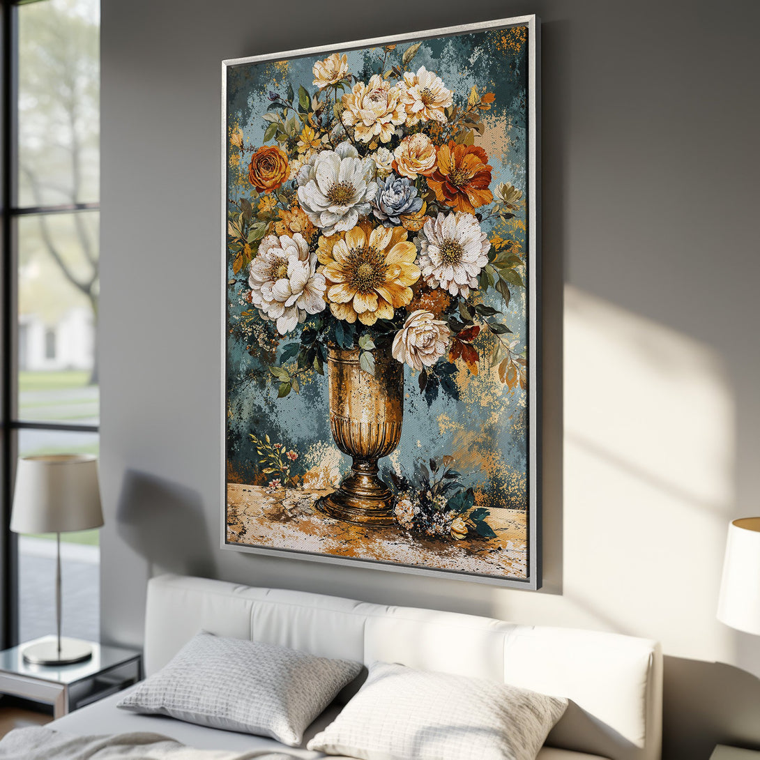 Framed Wall Art: Floral still life Canvas Print in a bedroom. Features a vintage style with warm, earthy tones and a touch of blue. Perfect home decor.