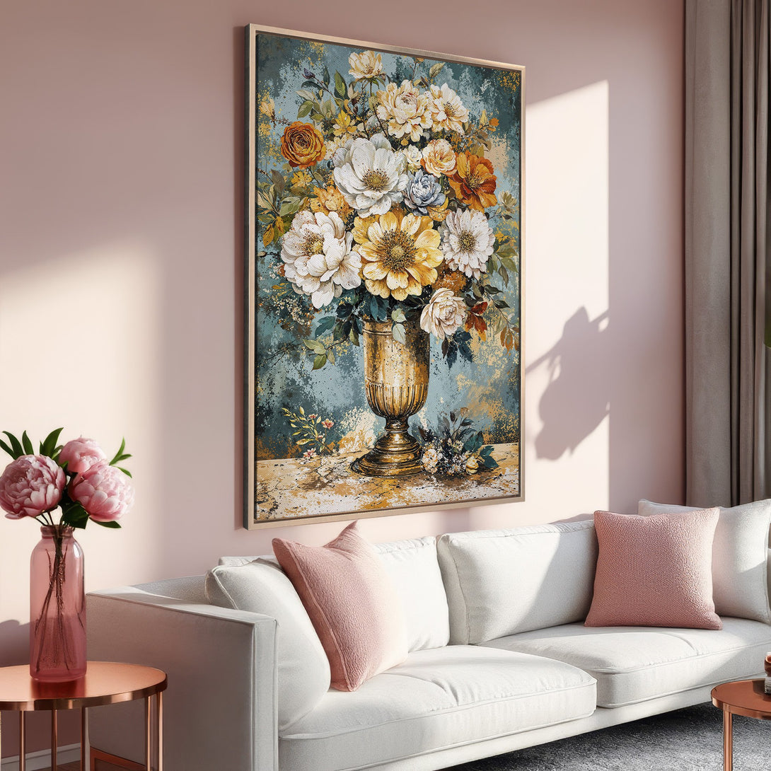 Framed Wall Art: Vintage floral bouquet canvas print in warm tones. Perfect for adding a touch of elegance and color to your living room decor.