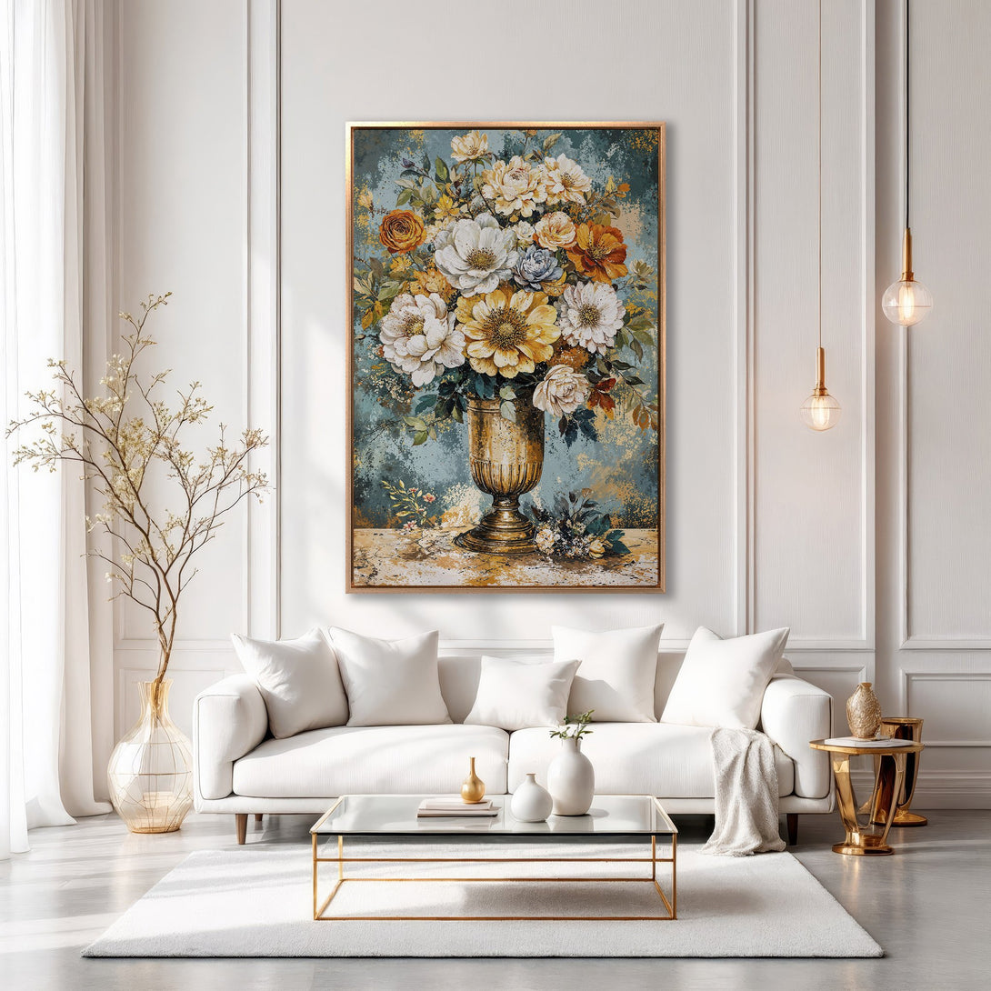 Framed Wall Art featuring a floral still life in a gold frame. Elegant, vintage style with a warm, neutral color palette. Perfect for living room decor.