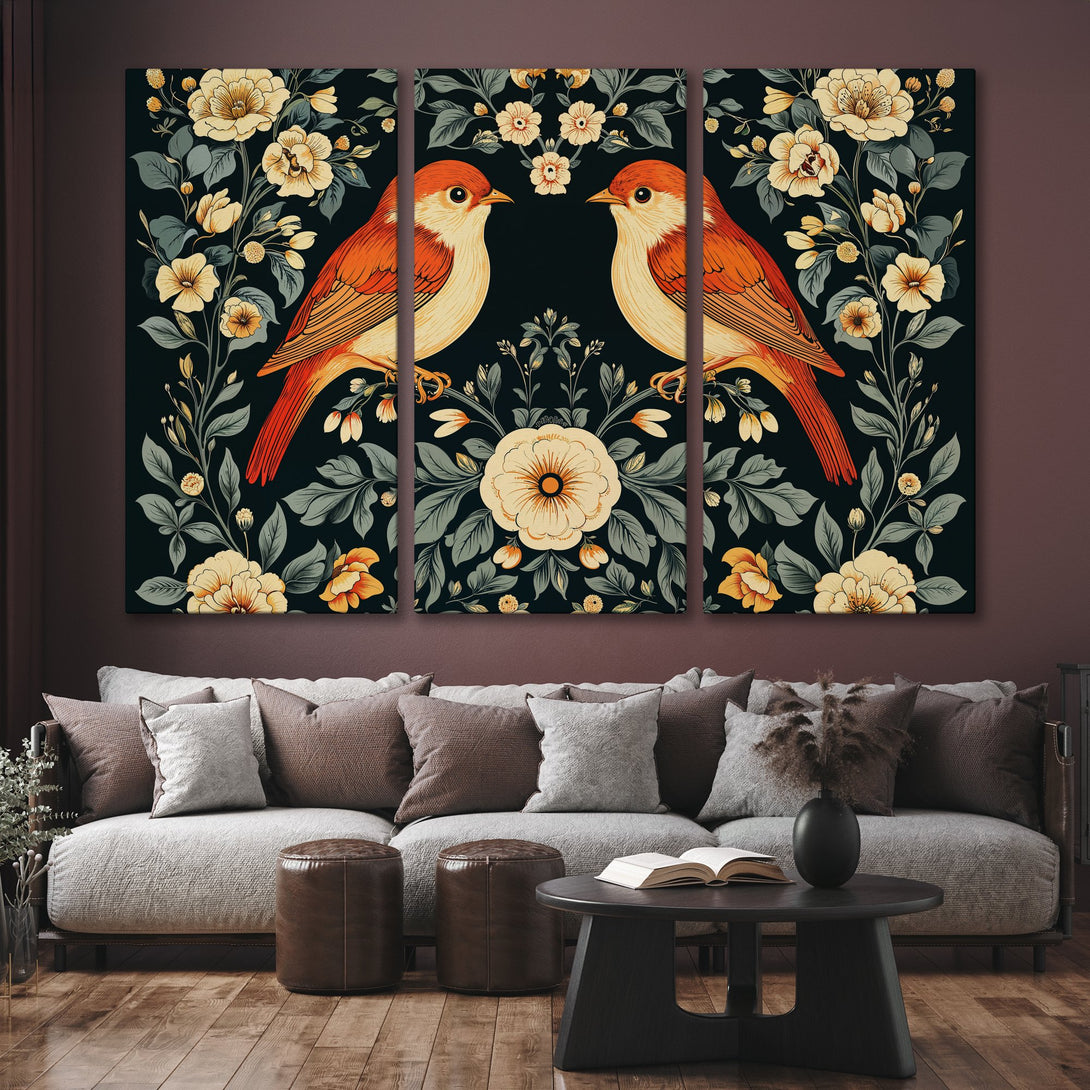 Canvas Print triptych featuring birds and floral design in a vintage style with a warm, earthy color palette. Perfect for home decor.