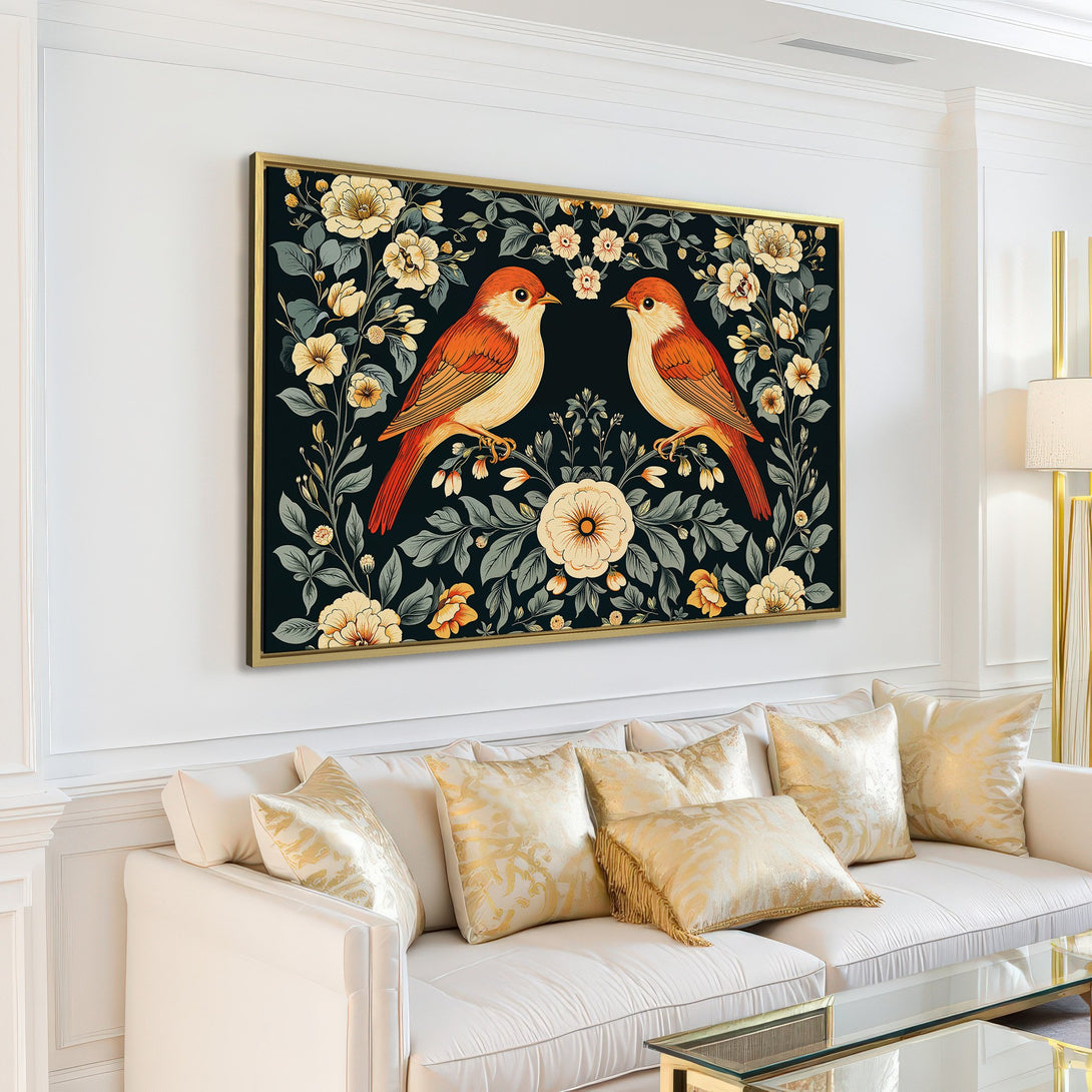 Canvas Print featuring birds and floral design in a vintage style with a dark background and warm color palette. Perfect for living room decor.