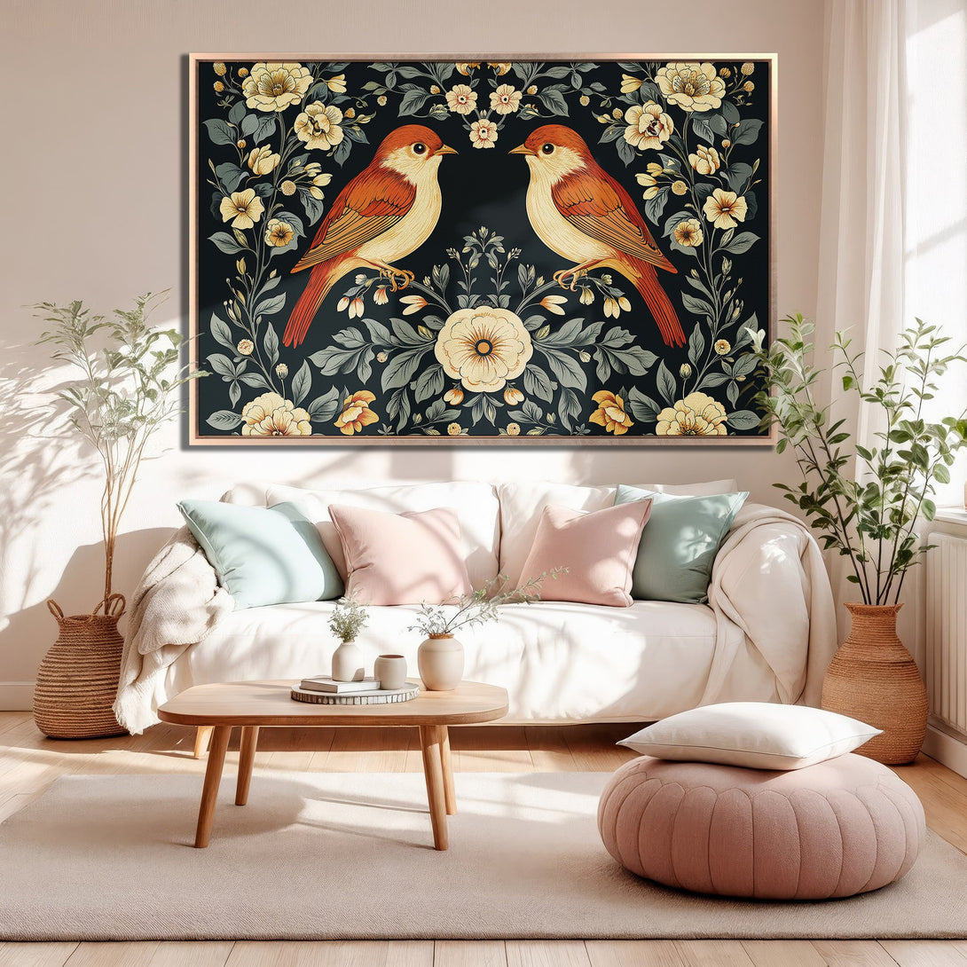 Framed Wall Art: Vintage bird print with floral design in a warm, inviting interior. Features a dark background with orange, yellow, and green accents.