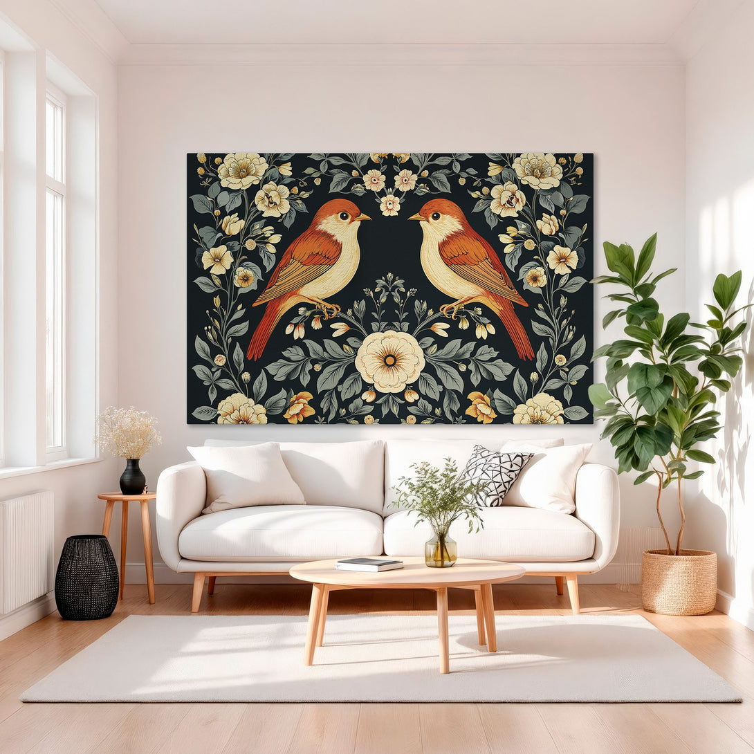Framed Wall Art featuring birds & floral design in a vintage style. Dark background with orange, yellow, and green color palette. Perfect for living room decor.