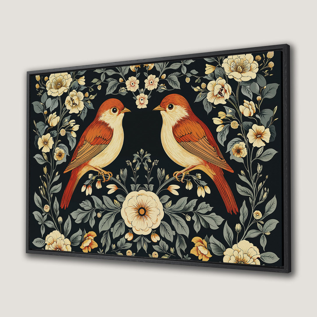Framed Wall Art: Vintage-style Canvas Print of birds and floral design in warm orange, cream, and dark green hues. Perfect for adding a touch of elegance.
