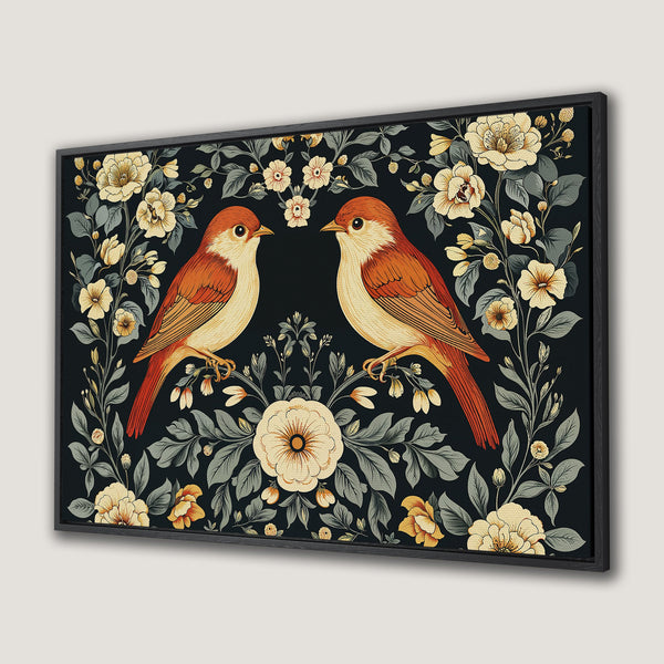 Framed Wall Art: Vintage-style Canvas Print of birds and floral design in warm orange, cream, and dark green hues. Perfect for adding a touch of elegance.