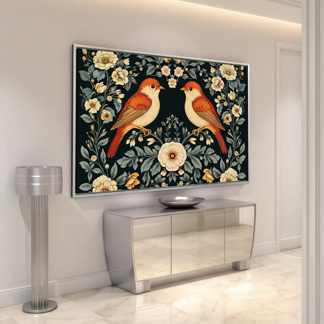 Framed Wall Art featuring birds & floral design in a vintage style, with a dark teal & cream color palette. Perfect for adding elegance to your home!