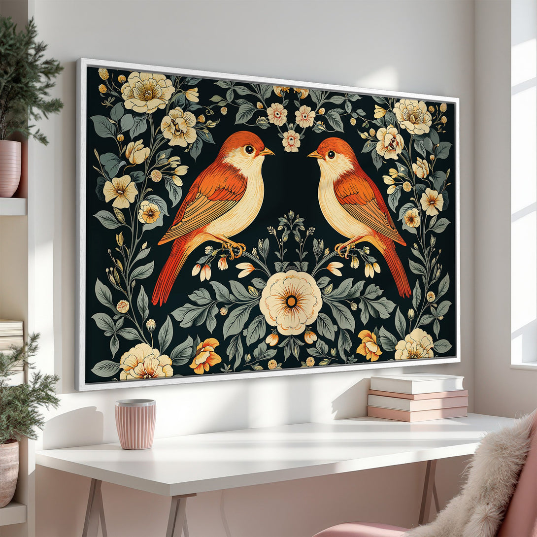 Framed Wall Art featuring two birds and floral design in a vintage style. Warm orange, yellow, and green tones on a dark background. Perfect home decor.