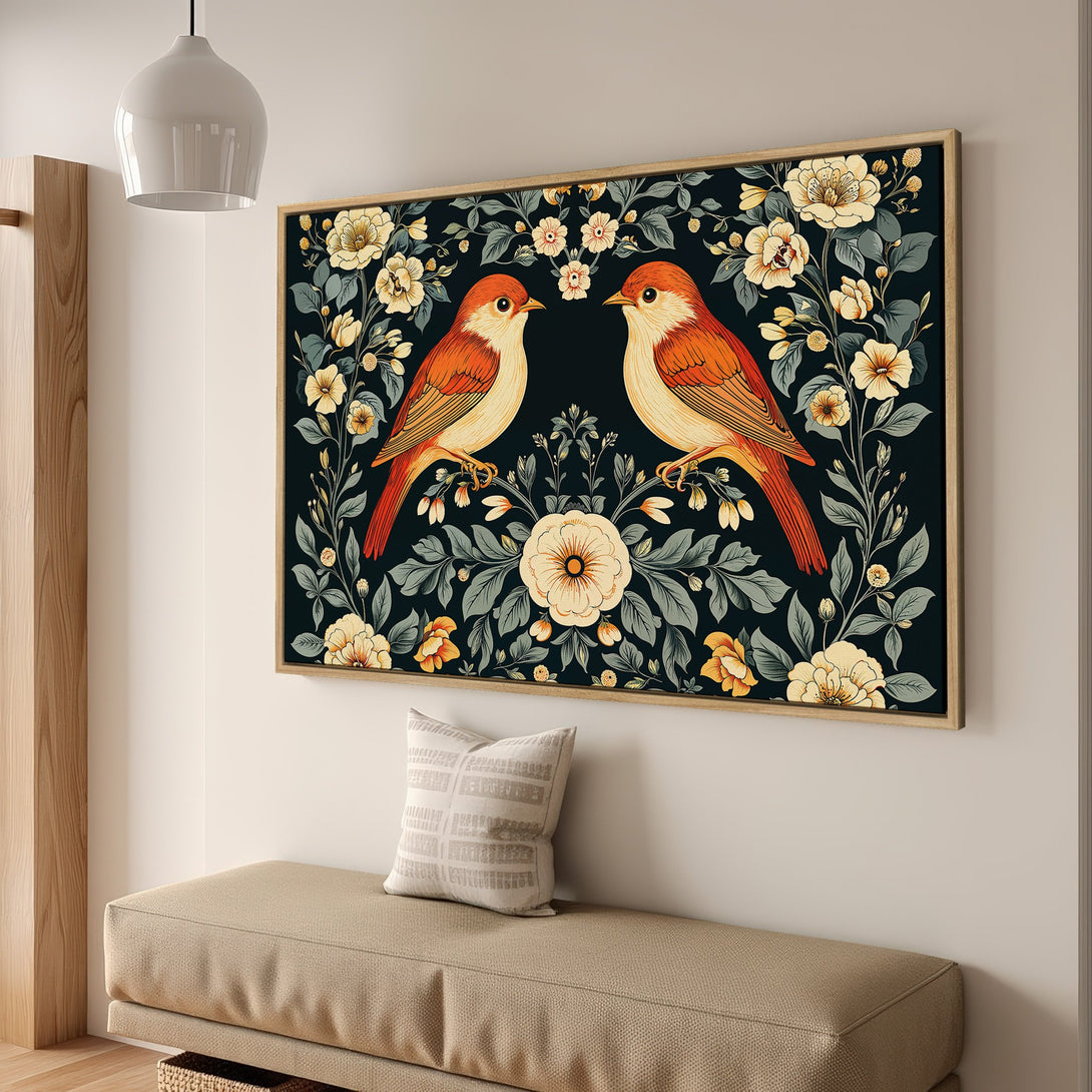 Framed Wall Art: Birds & floral design in a vintage style. Featuring a dark background with orange, cream, and green accents. Perfect for home decor!