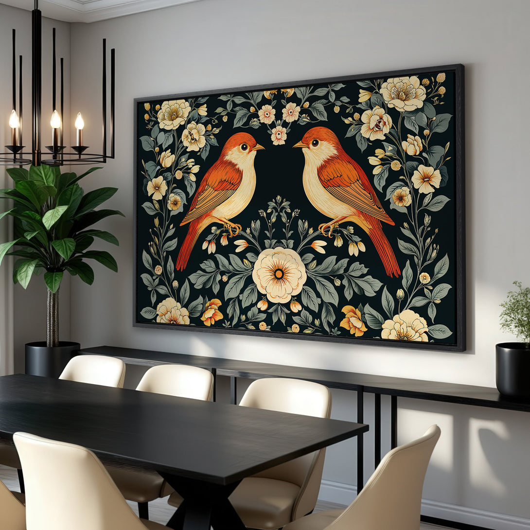 Framed Wall Art: Vintage-style Canvas Print featuring two orange birds & floral design on a dark background. Adds elegance with a warm color palette.