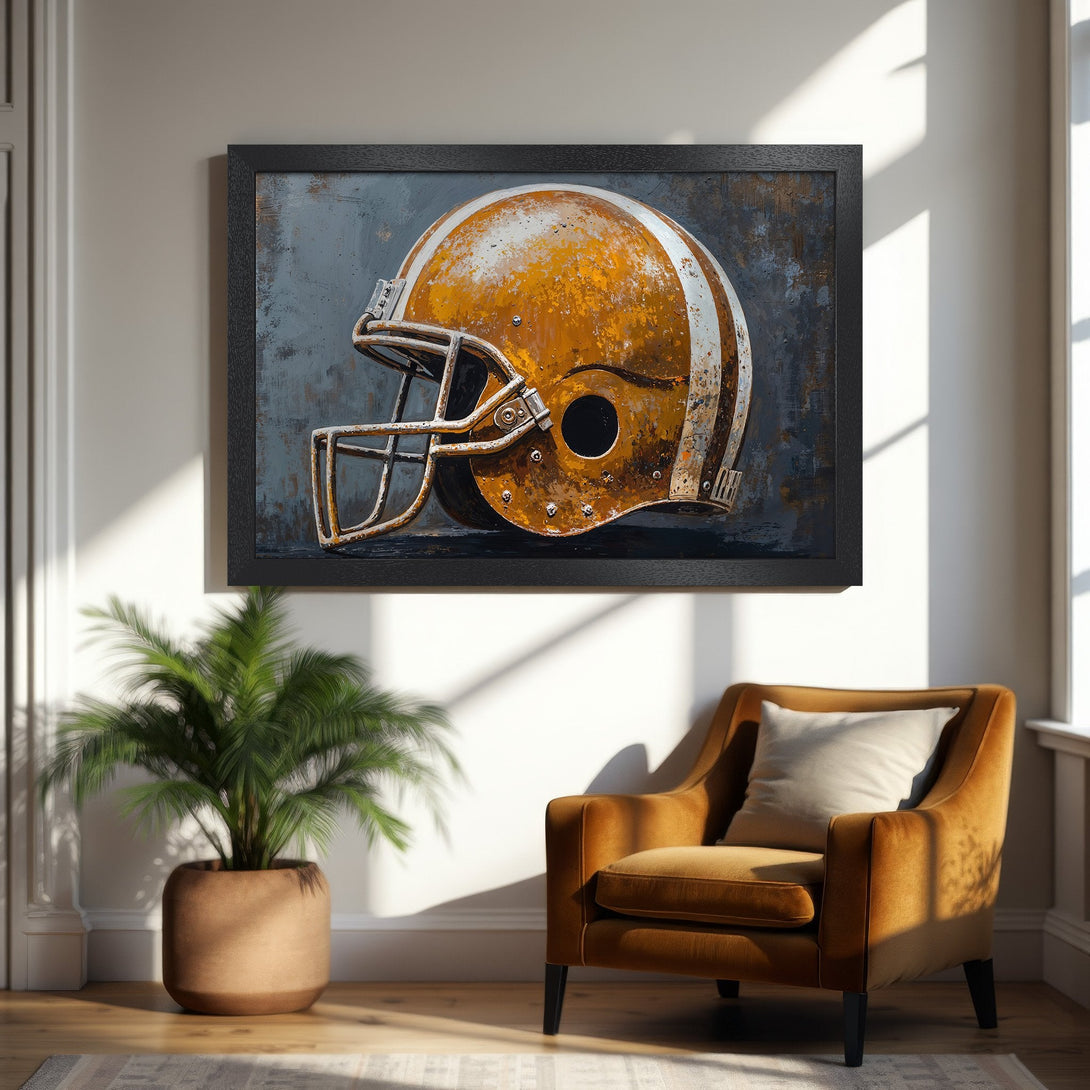 Framed Poster featuring a vintage football helmet in a rustic style, with a warm, earthy color palette. Perfect wall art!