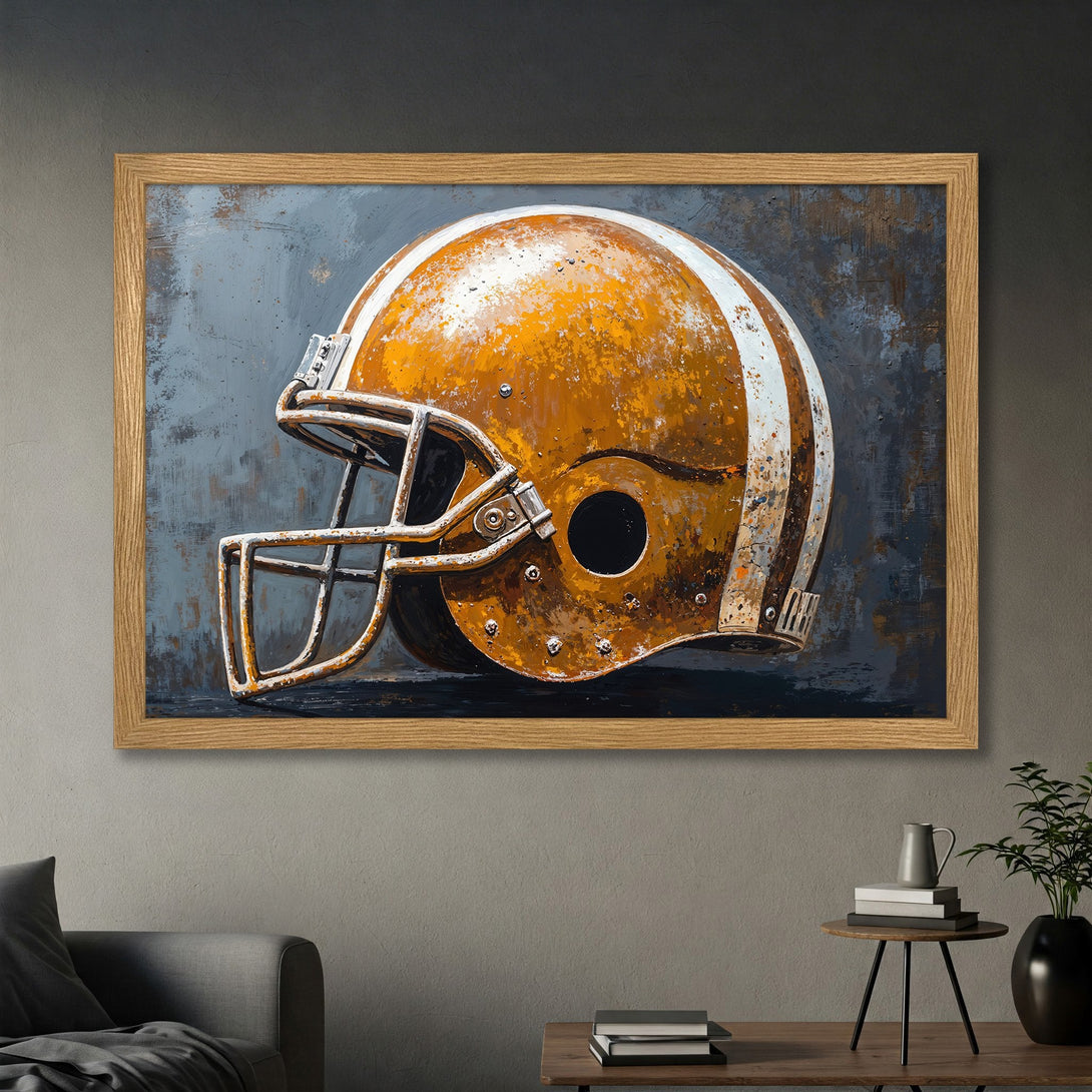 Framed Poster of a vintage football helmet. Grunge style art in a warm, earthy color palette. Perfect wall decor for sports fans!