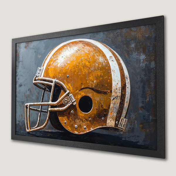Framed Poster of a football helmet in an abstract style with a brown and gray color palette. Perfect wall art!