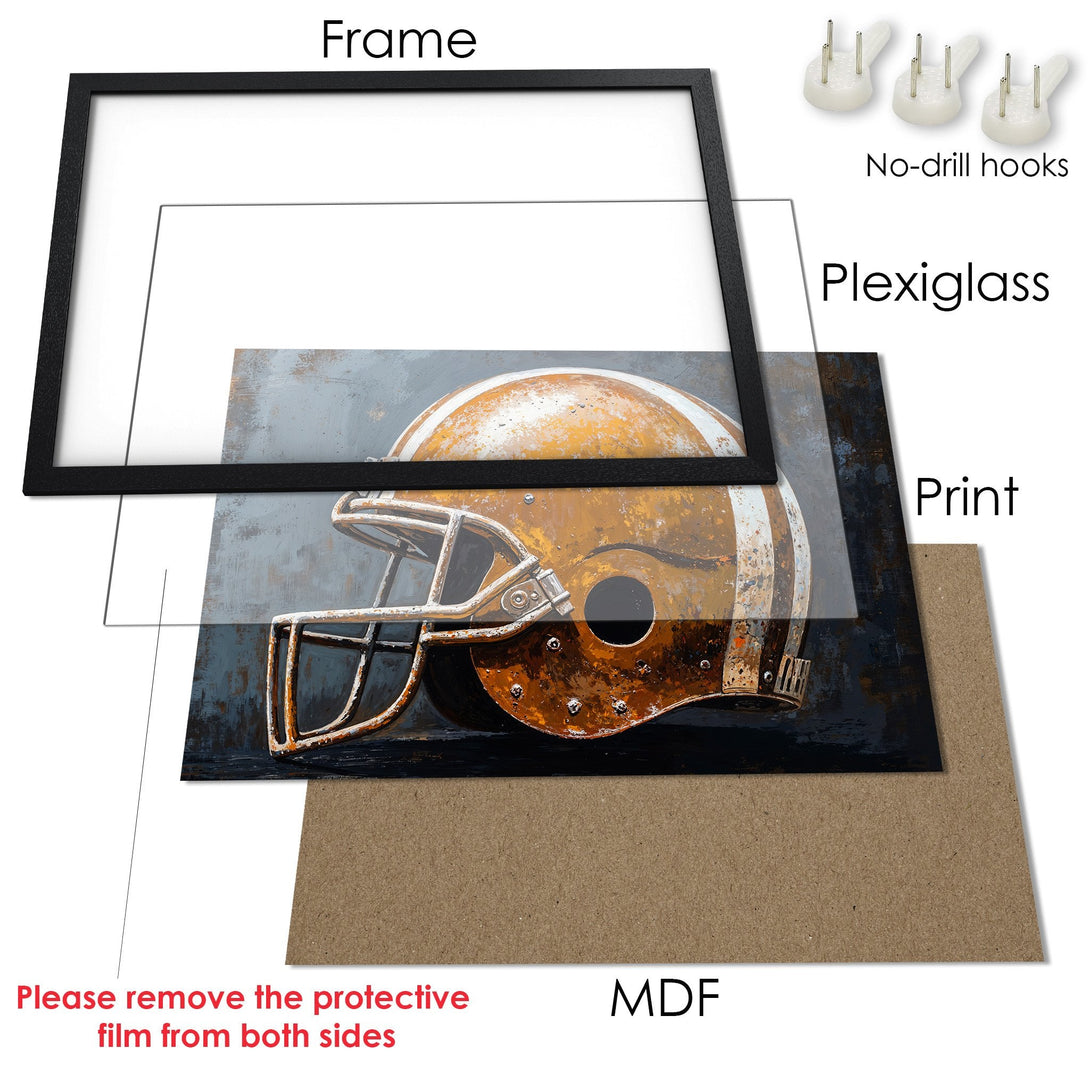 Framed Poster featuring a vintage football helmet in a rustic style with a warm, earthy color palette. Perfect wall art!