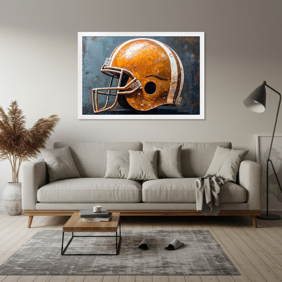 Framed Poster featuring a vintage football helmet in orange and blue tones. Perfect wall art for sports fans!