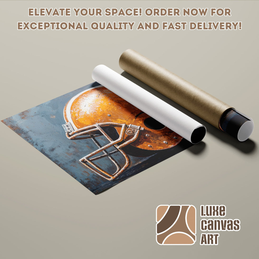 Poster Roll featuring a football helmet art print, rustic style, with orange and blue tones.