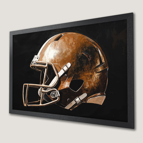 Framed Poster featuring a football helmet in a grunge style, with a brown and black color palette. Perfect wall art!
