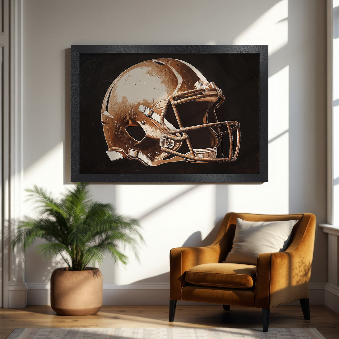 Framed Poster featuring a football helmet in a vintage style, with a warm brown color palette. Perfect wall art!