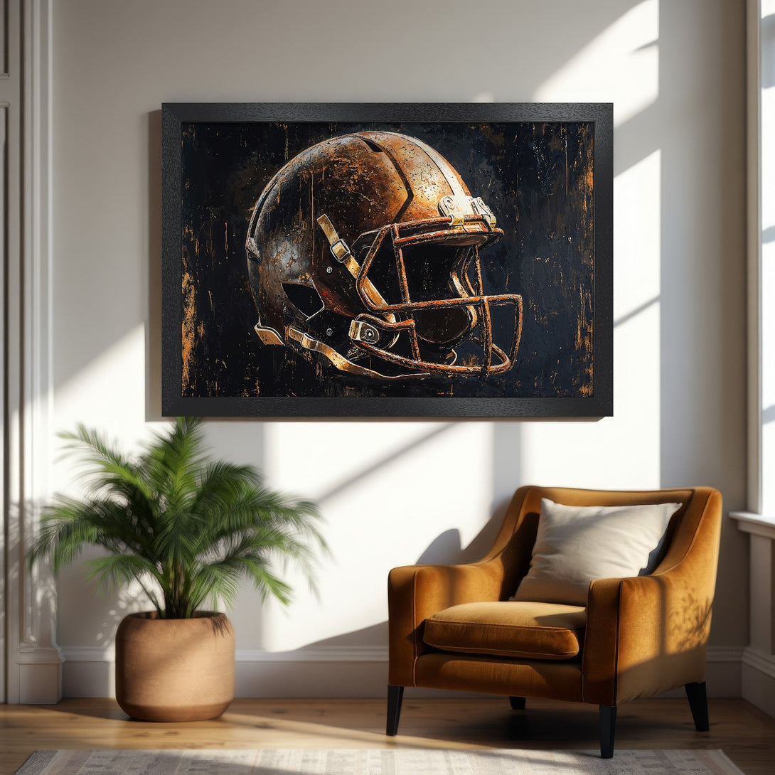 Framed Poster of a vintage football helmet. Rustic style with a dark, textured background and warm, earthy tones. Perfect wall art!
