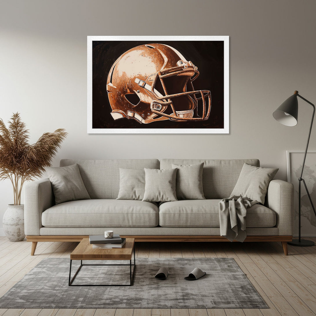 Framed Poster of a football helmet. Modern style, warm brown and black color palette. Perfect wall art for sports fans!