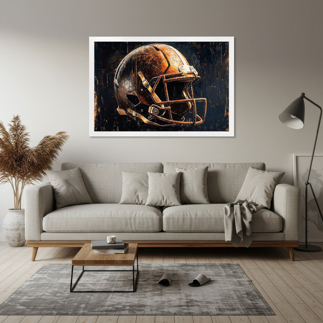Framed Poster featuring a football helmet in a rustic style with a dark, warm color palette. Perfect wall art for sports fans!