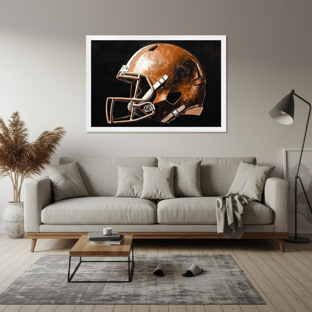 Framed Poster featuring a football helmet in a bronze color palette, perfect for sports fans and home decor.