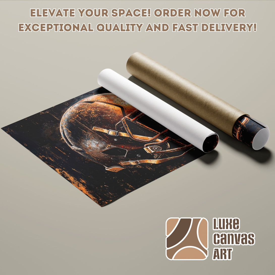Football helmet art Poster Roll, grunge style, with black, orange, and brown color palette. Order now!