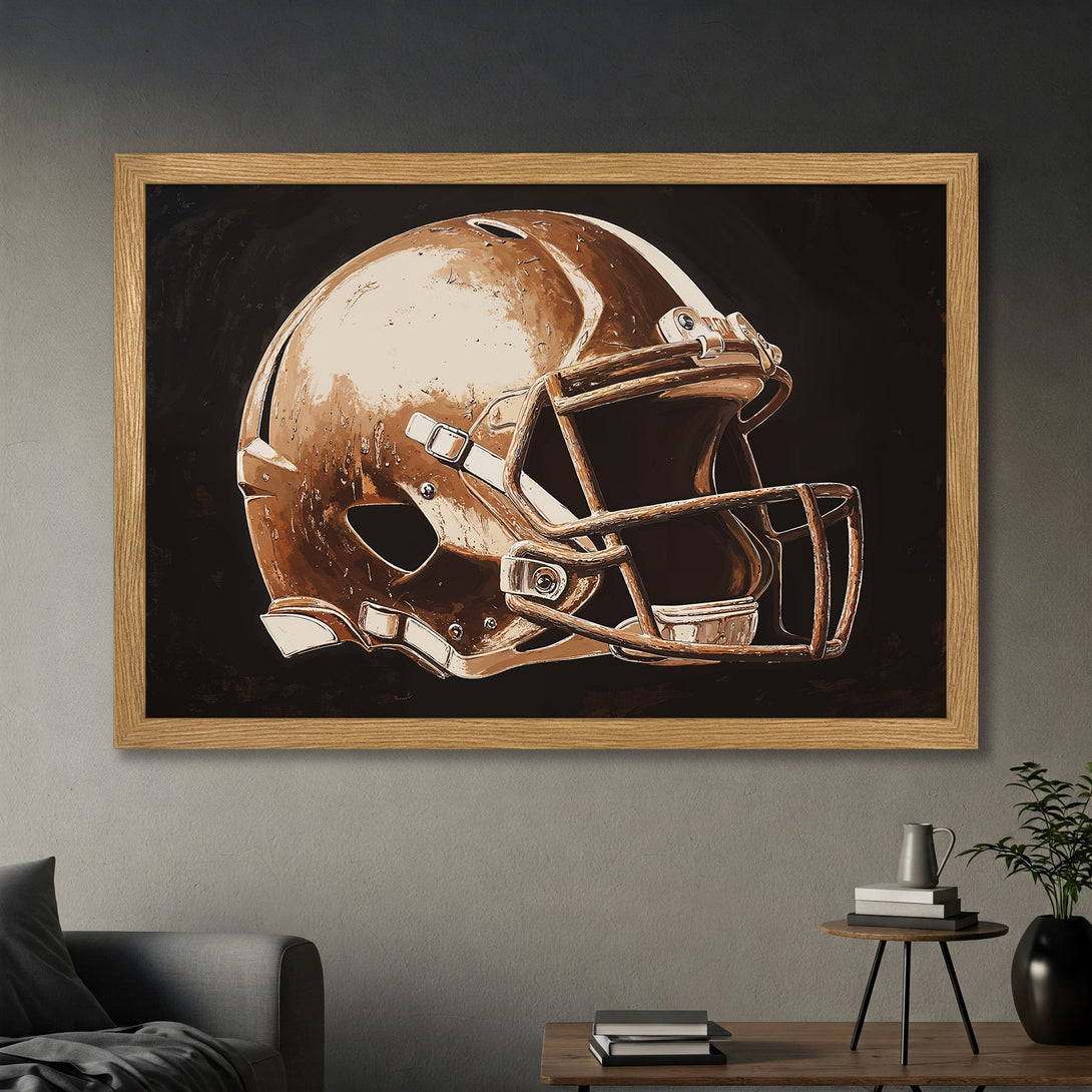 Framed Poster featuring a football helmet in a vintage style with a brown and black color palette. Perfect wall art!