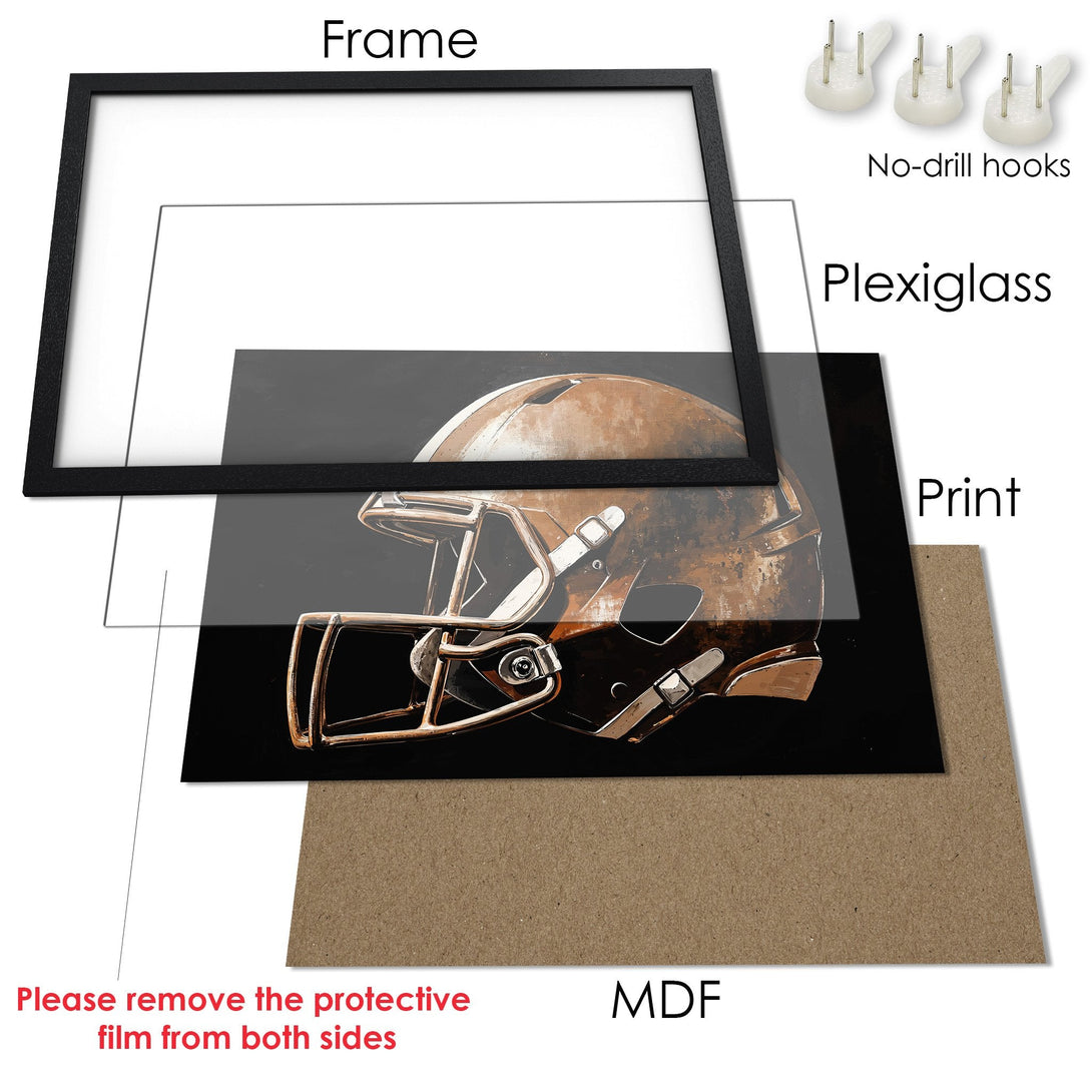 Framed Poster of a football helmet. Rustic style, neutral and black color palette. Perfect wall art for sports fans.