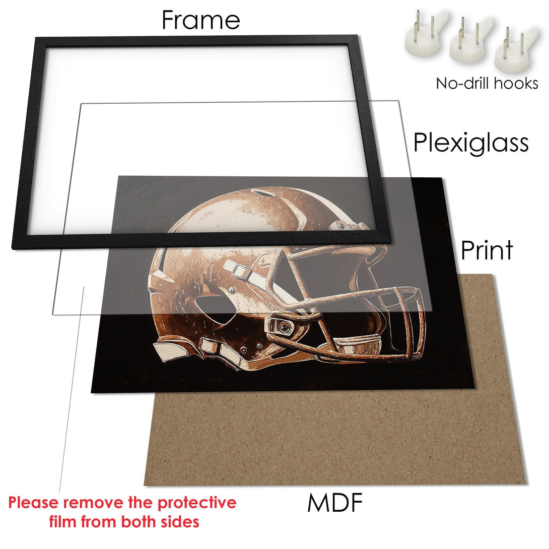 Framed Poster featuring a football helmet in warm brown tones. Stylish art print ready to hang!